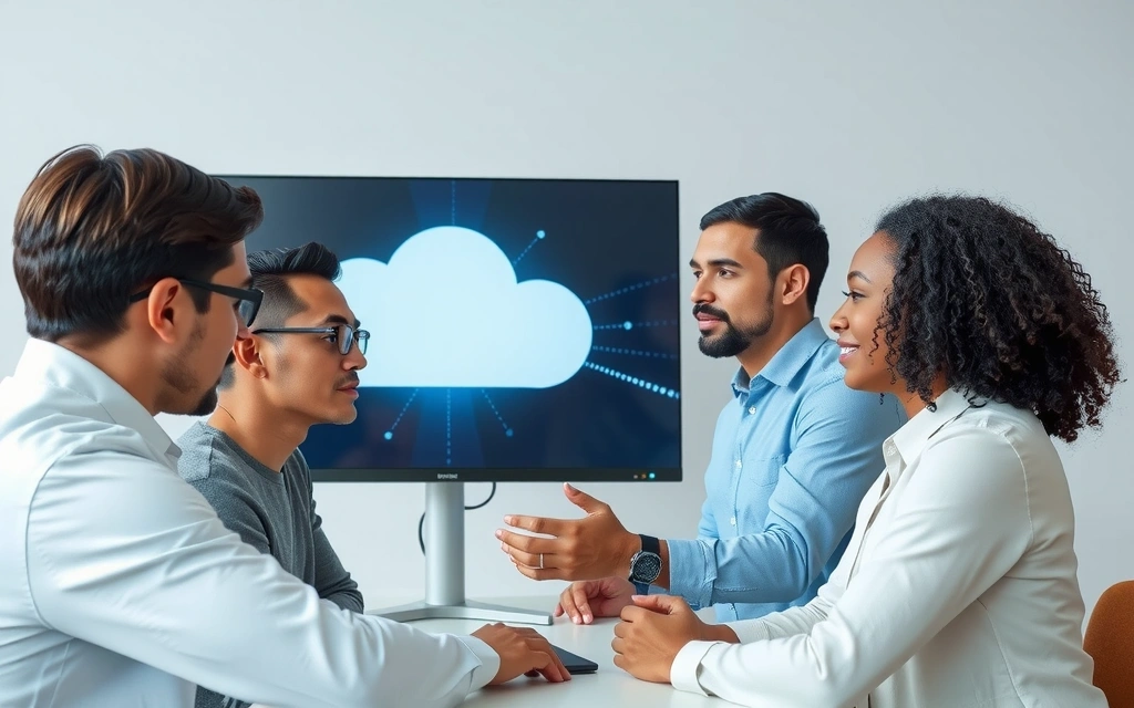 A team of diverse professionals collaborating on a digital interface, representing innovation and growth in cloud technology.