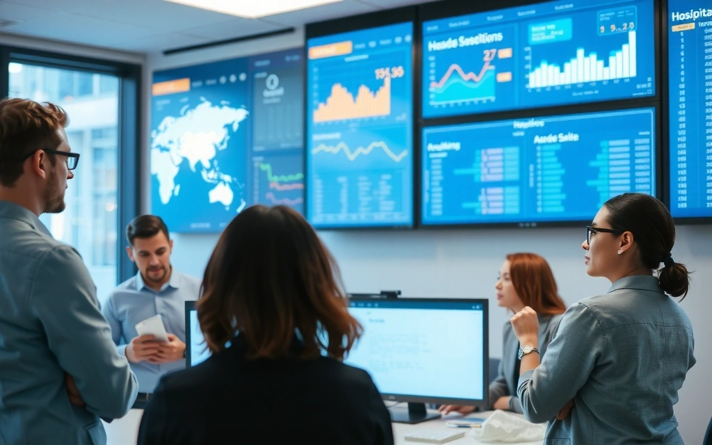 A diverse group of experts in a modern tech office, reviewing complex data on multiple screens, symbolizing deep industry knowledge.