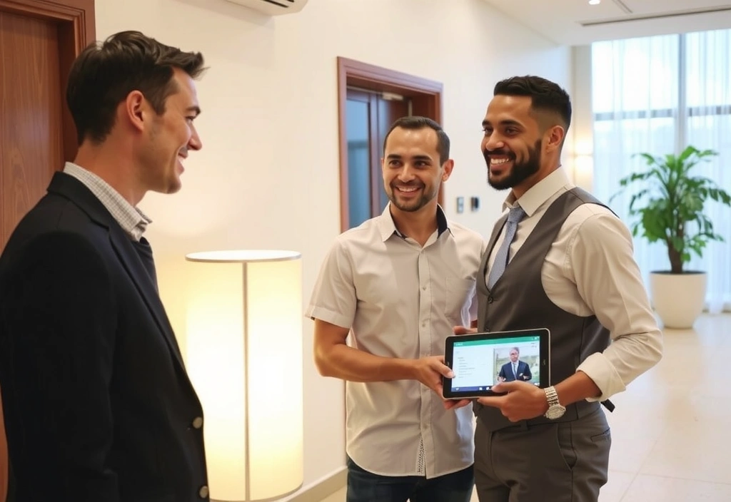 Happy guest receiving personalized service from hotel staff in a modern hotel lobby