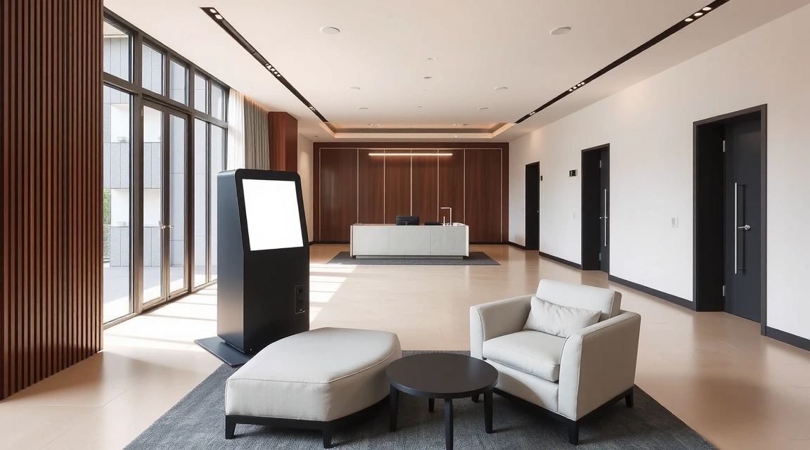 A modern hotel lobby with a digital check-in kiosk, illustrating the efficiency of cloud PMS.