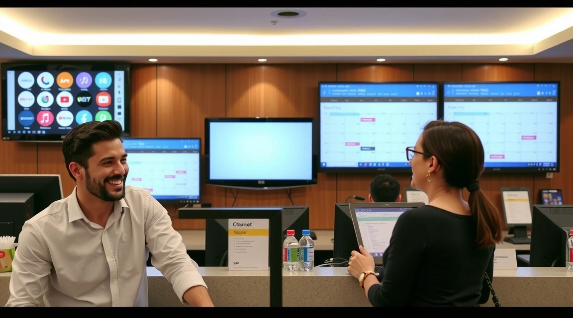 A busy hotel reception desk with a multi-screen setup, demonstrating an integrated channel manager.