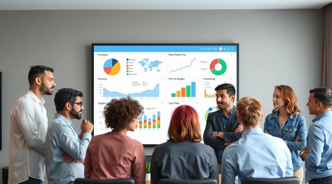 A team collaborating around a digital dashboard, representing data analytics and decision-making.