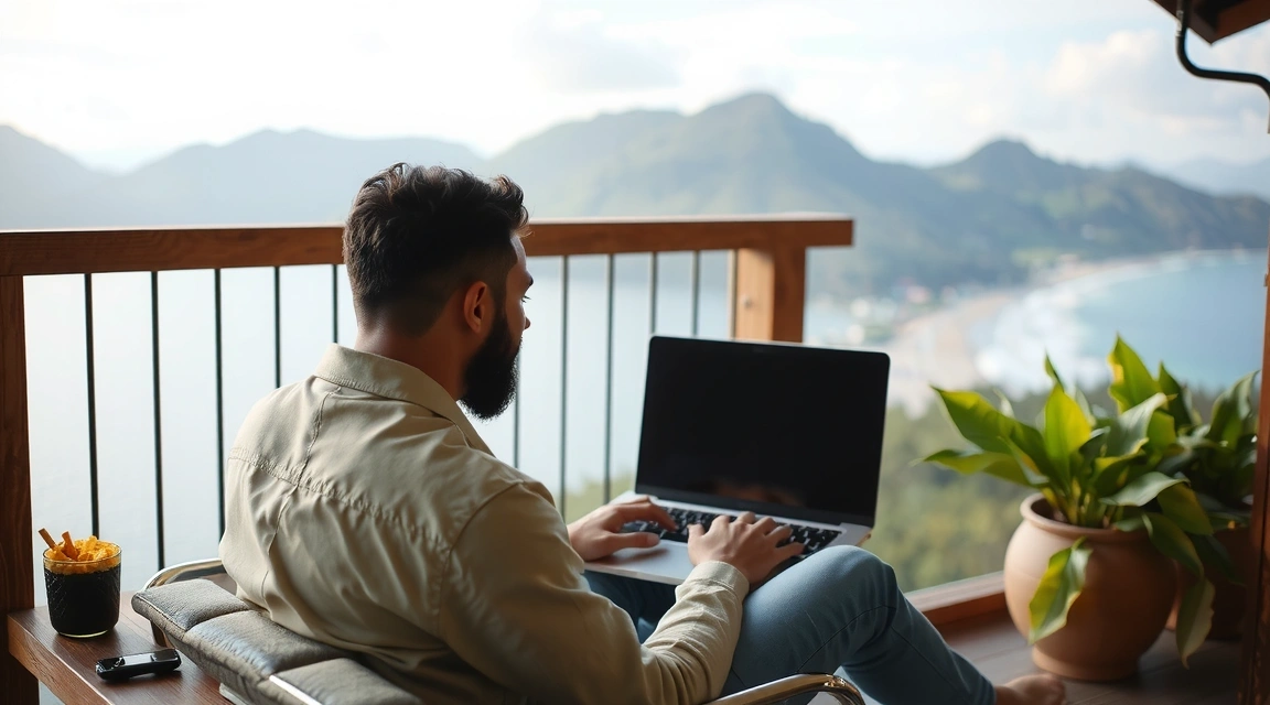A person working remotely on a laptop with a scenic mountain view, symbolizing flexibility.