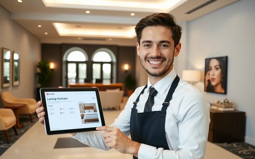 A hotel manager smiling while using a tablet with cloud PMS software, showcasing efficiency and modern technology.