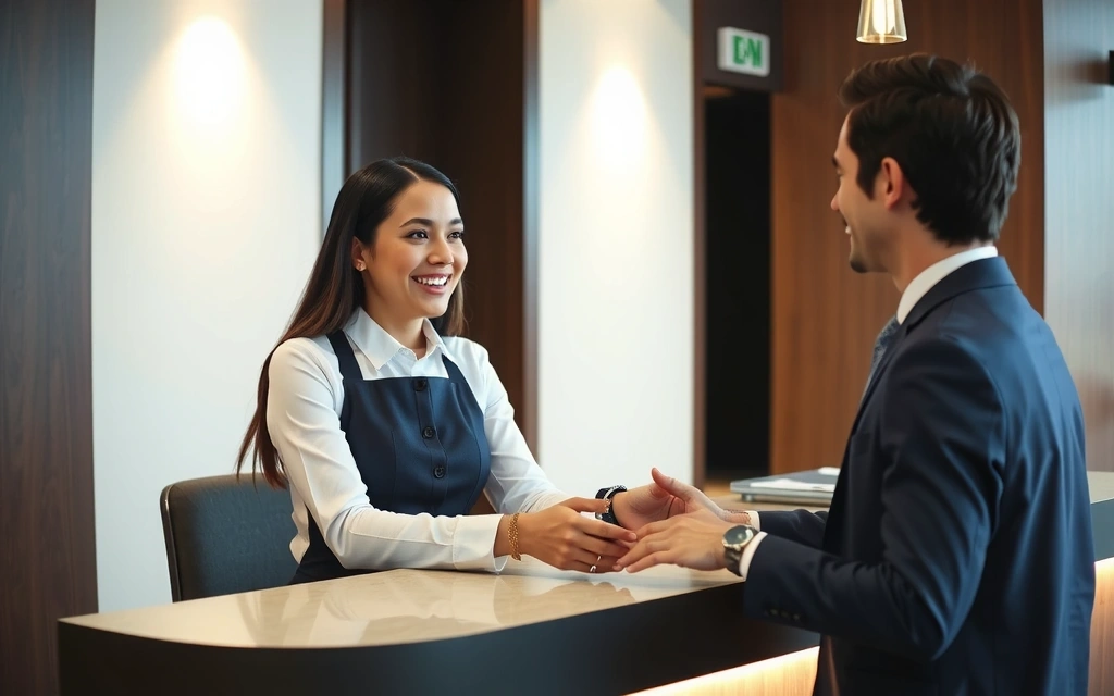 A smiling hotel receptionist warmly greeting a guest at a sleek, modern front desk, indicating excellent guest service.