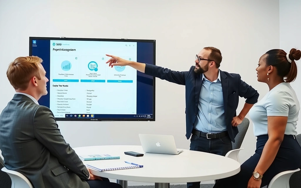 A professional demonstrating cloud PMS software on a large screen to two attentive hotel staff members in a modern office.