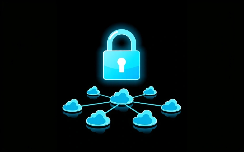 Digital padlock icon superimposed over a network of interconnected servers, symbolizing robust data security and cloud infrastructure.