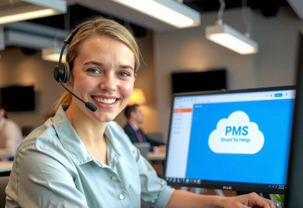 Customer service representative helping a client with Cloud PMS