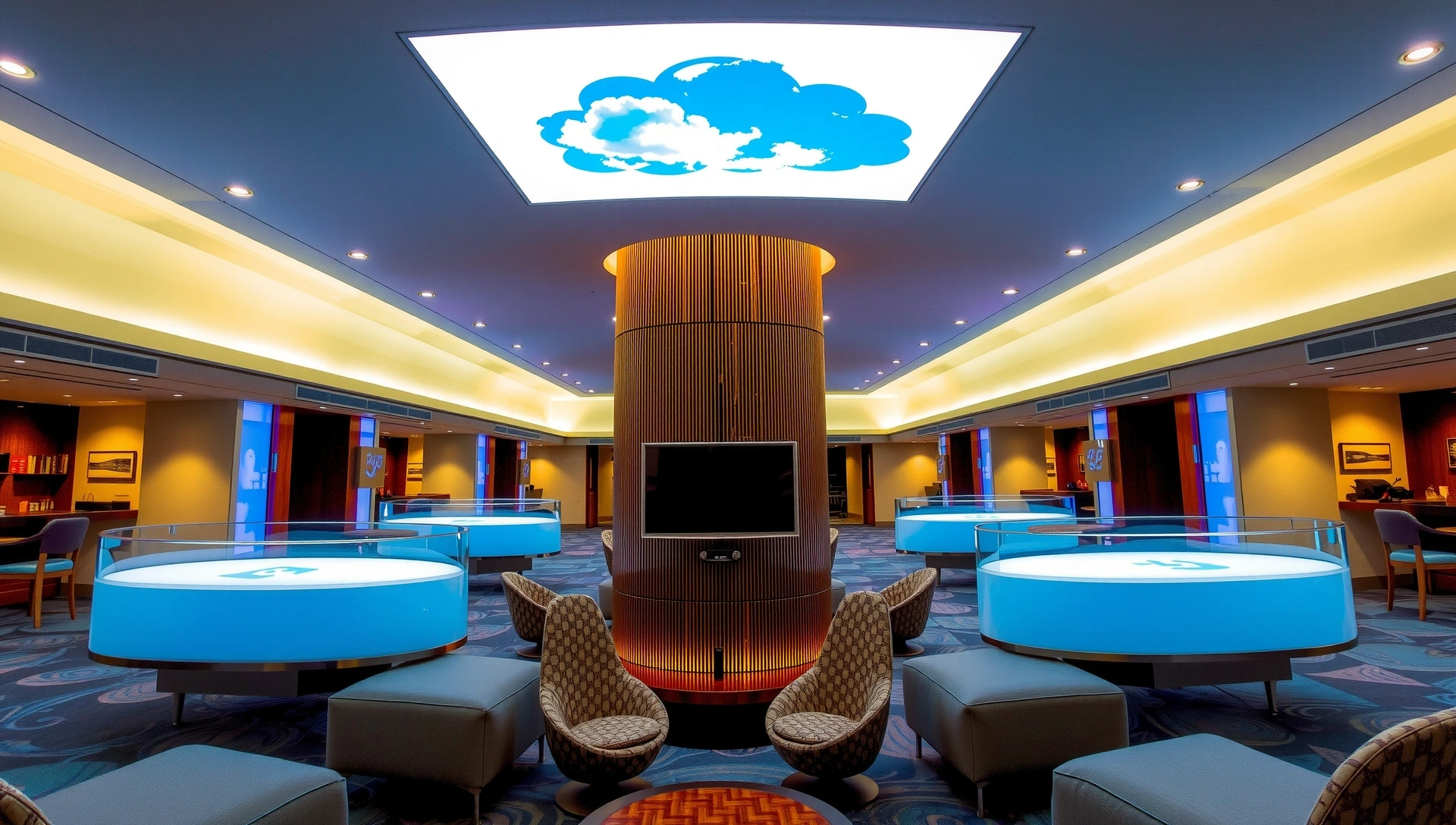 Futuristic hotel lobby with glowing digital interfaces, showcasing cloud technology integration