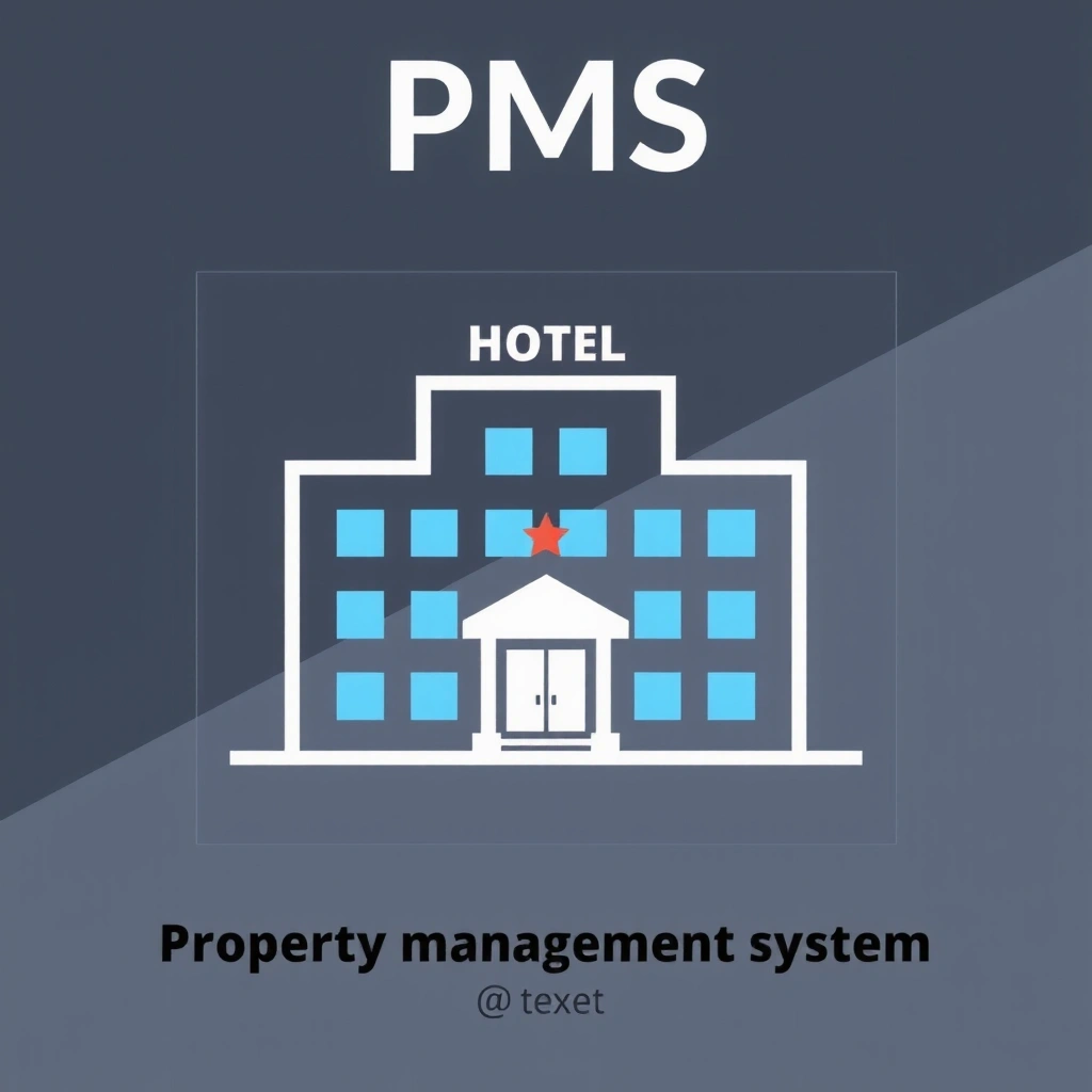 Hotel building icon with a digital interface overlay representing PMS