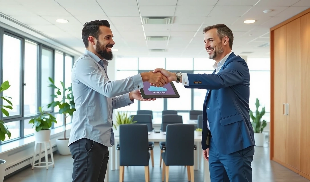 Two business people shaking hands over a digital tablet, symbolizing a partnership agreement.