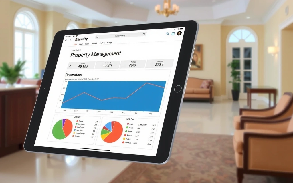 A tablet displaying a modern cloud-based property management system dashboard, showing charts and reservation details, with a hotel lobby in the blurred background.