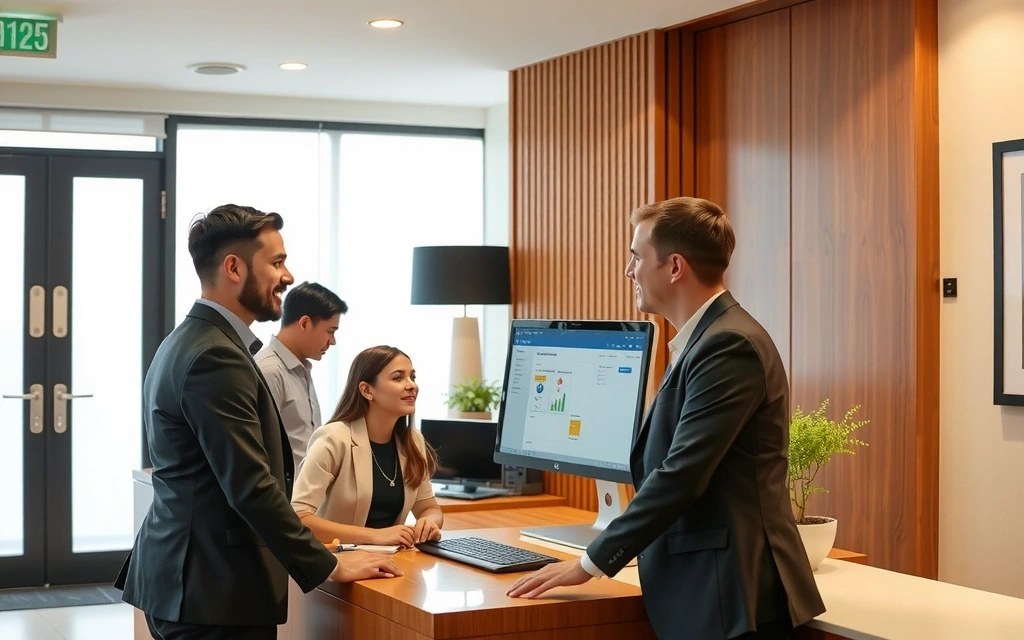 A hotel front desk scene with a staff member happily assisting a guest, and a modern PMS interface visible on a computer screen. The setting is bright and professional.