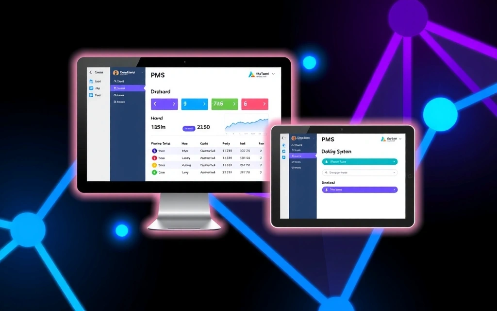 Two screens displaying different software interfaces, connected by glowing lines, symbolizing seamless integration. One screen shows a PMS dashboard, the other a booking system.