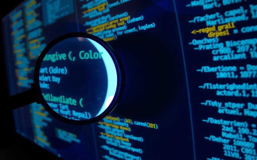 A magnifying glass hovering over complex digital data, representing scrutiny and accuracy